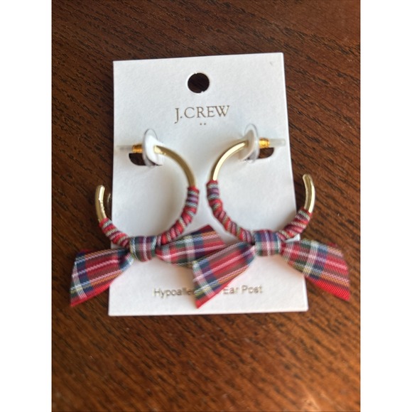 J Crew Ribbon Wrapped Hoop Earrings Wool Pine Bough Tartan Plaid - Picture 1 of 3